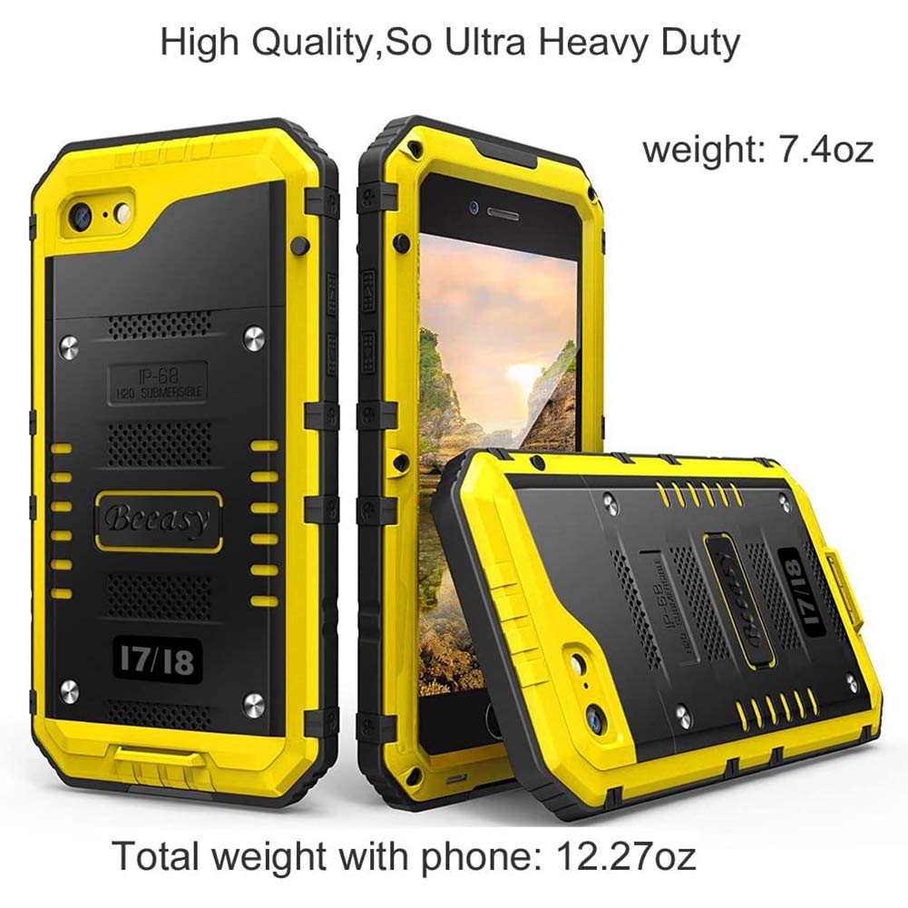 Beeasy Cover iPhone 7 Impermeabile Antiurto Giallo, iPhone 8 IP68 Waterproof Custodia Protettiva Full Body con Protezione dello Schermo, Antineve Anticaduta Robusta Militare Subacquea Case