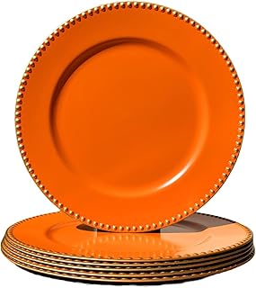 Orange Charger Plates with Beaded Rim, 13" Round Charger for Dinner Plates, Set of 6, Plastic Plate Chargers for Halloween, Table Setting, Party Decoration.