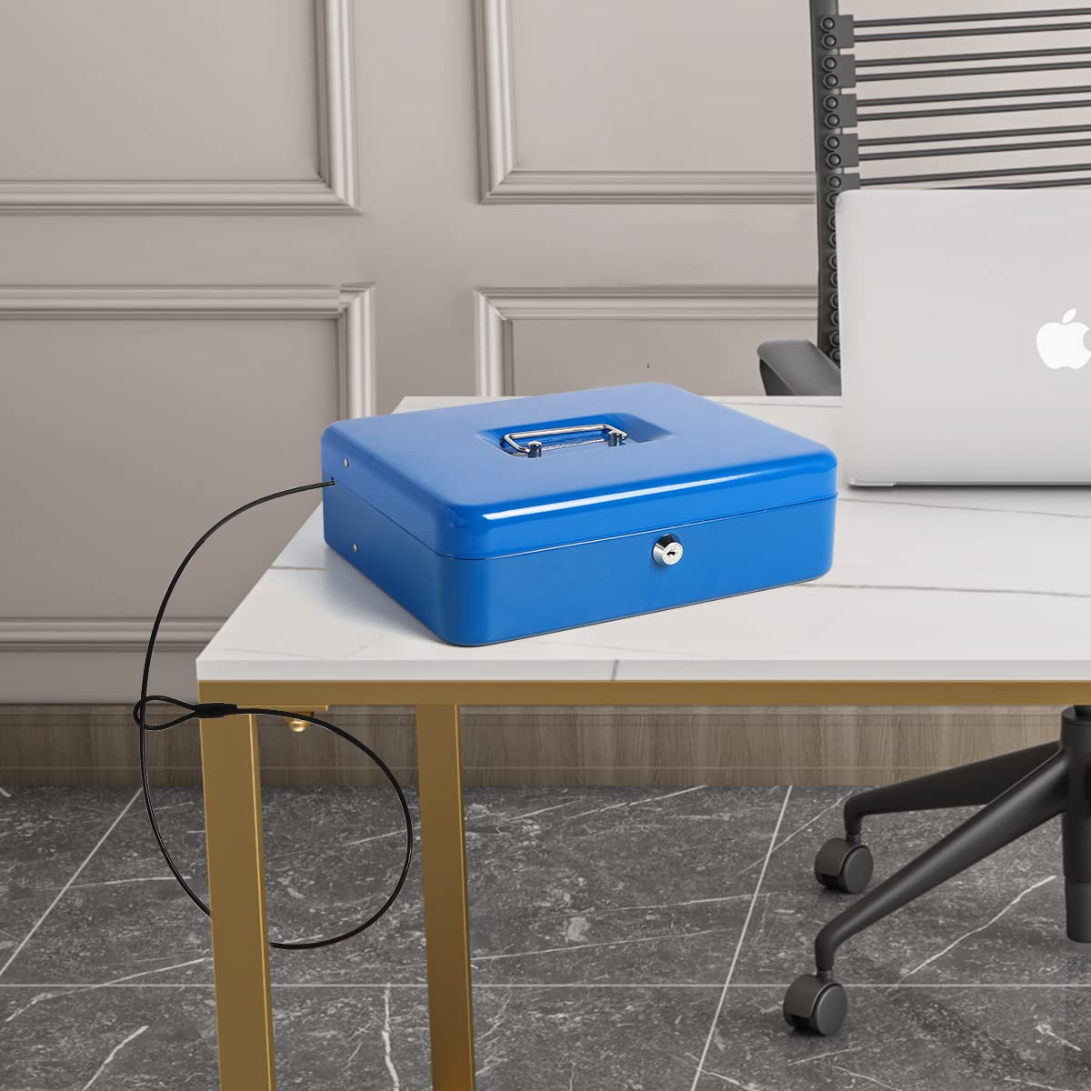 Caisse à monnaie en métal durable avec serrure à clé, avec bac à billets, boîte de rangement sécurisée avec câble de sécurité, bleu