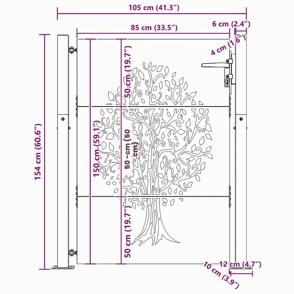 vidaXL Portail de Jardin, Portillon de Patio, Barrière de Sécurité, Porte d'Extérieure Terrasse, 100x150 cm Acier Corten Conception de l'arbre