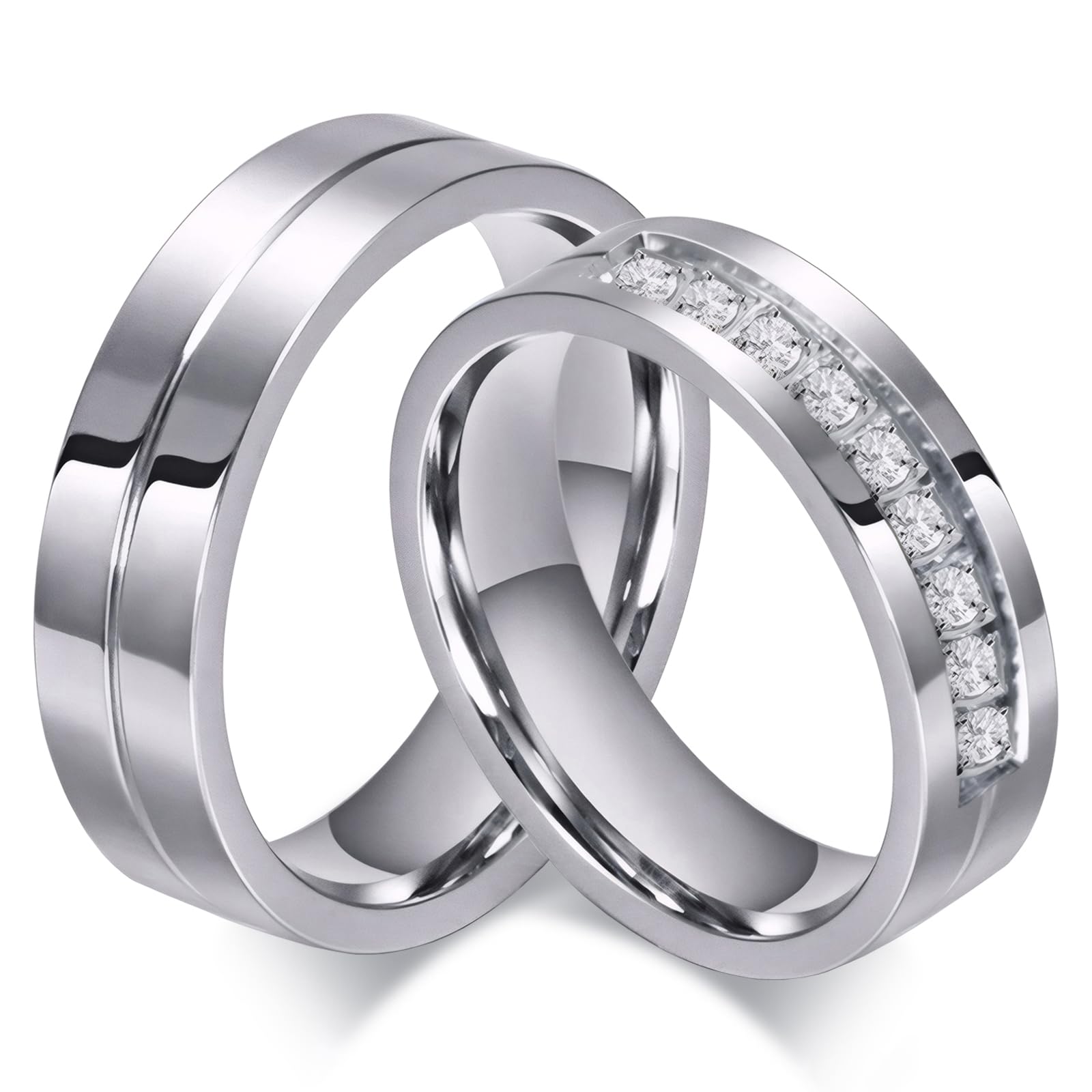 His & Hers Couple Ring Promise Ring Stainless Steel Couple Wedding Engagement Bands Cubic Zirconia CZ Band for Women Men Lovers Matching Princess Cut Bridal Jewelry Gifts Comfort Fit Size 5-14 A,silver,with cubic zirconia,1pc for her 10