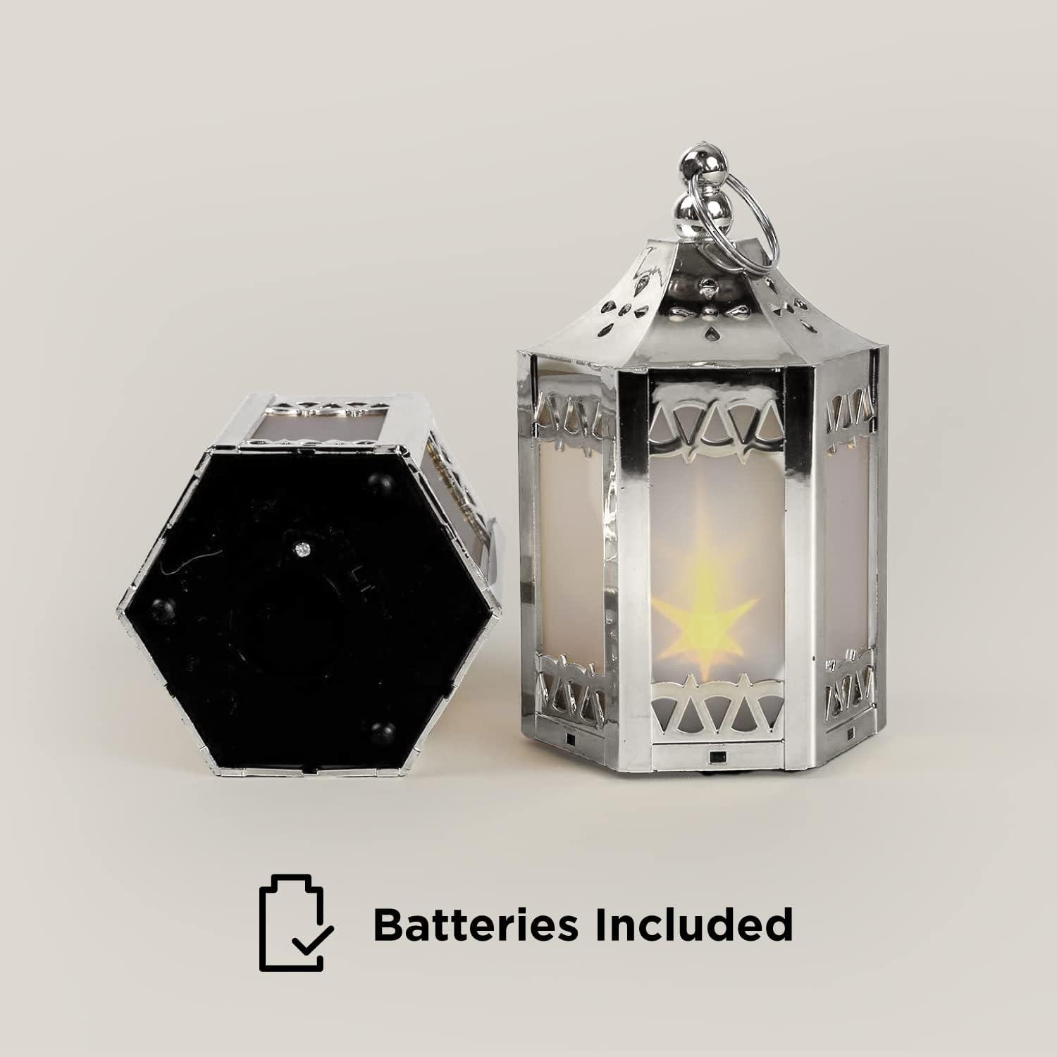 Silver Mini Lanterns with LED Star - 4.5 Inch Tall, Warm White 3D Holographic Star Light, Eid & Ramadan Decorations or Winter Wedding Centerpiece, Batteries Included - Set of 6