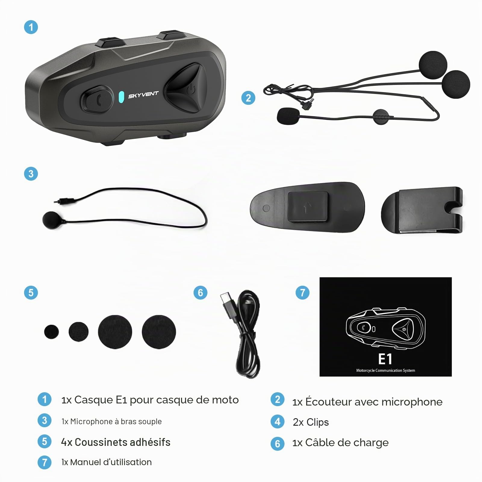 E1 Casque Bluetooth pour Moto -Bluetooth5.3 Interphone professionnel pour casque jusqu'à 800 m, contrôle vocal étanche IP65 et appels mains libres, haut-parleurs HD et annulation du bruit