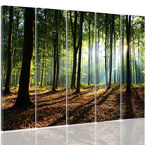 Toile 5 pièces forêt Feeby 100x70 cm | Tableau mural vert multi-panneaux