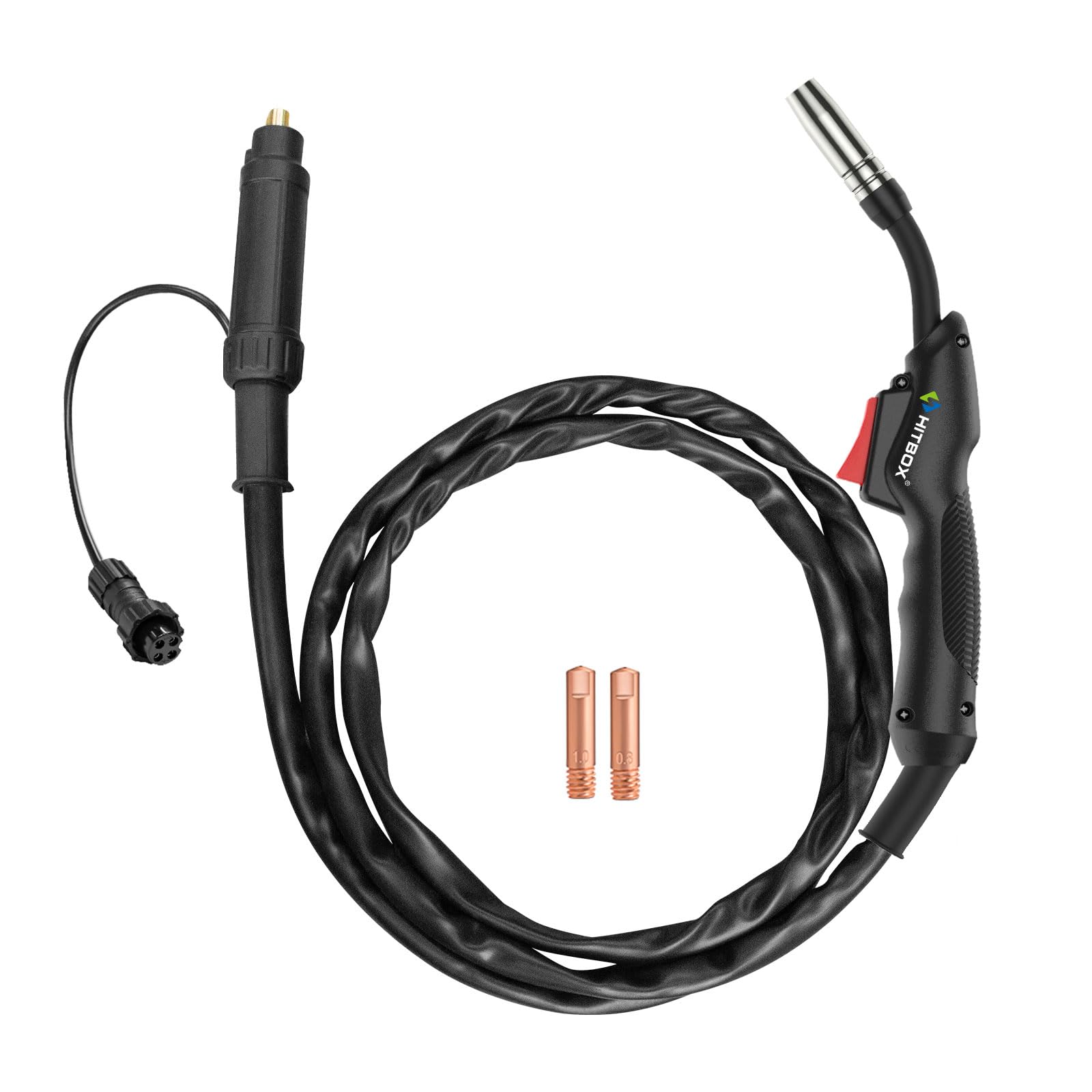 HITBOX Torcia MIG per saldatura MB14AK, Tubo 2,5 m con connettore Euro, Cavo in alluminio ramato 16mm², Spina aviazione GX16-04, Punte di contatto 0,8mm e 1,0mm incluse, Accessori per saldatrici MIG