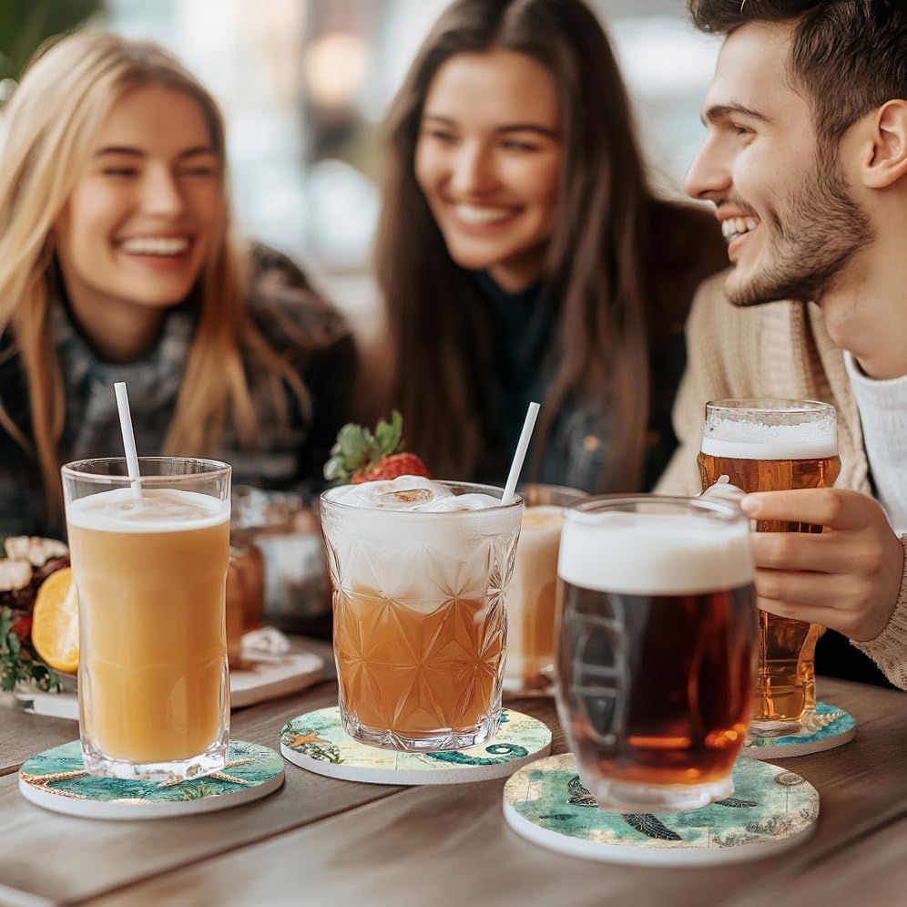 Vintage Coastal Beach Coasters Set of 6 for Drinks,Round Absorbent Ceramic Stone Coaster with Metal Holder, Sea Turtle Nautical Ocean Life Coasters with Cork Base for Coffee Party Decor Gift - Image 5
