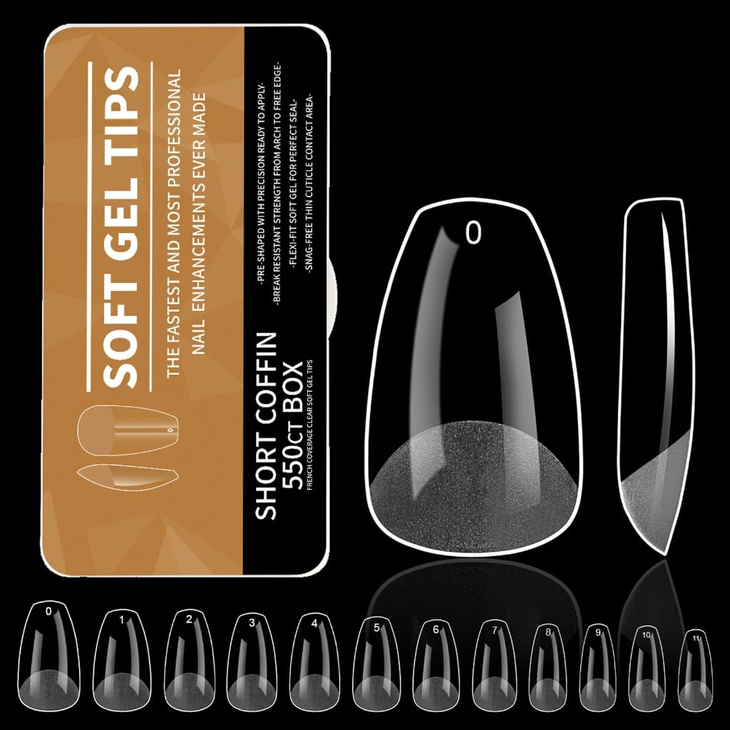 550PCS Almond Gel Nails Tips Pre Etched False Nails Clear Full Covers Soft Acrylic for Manicures