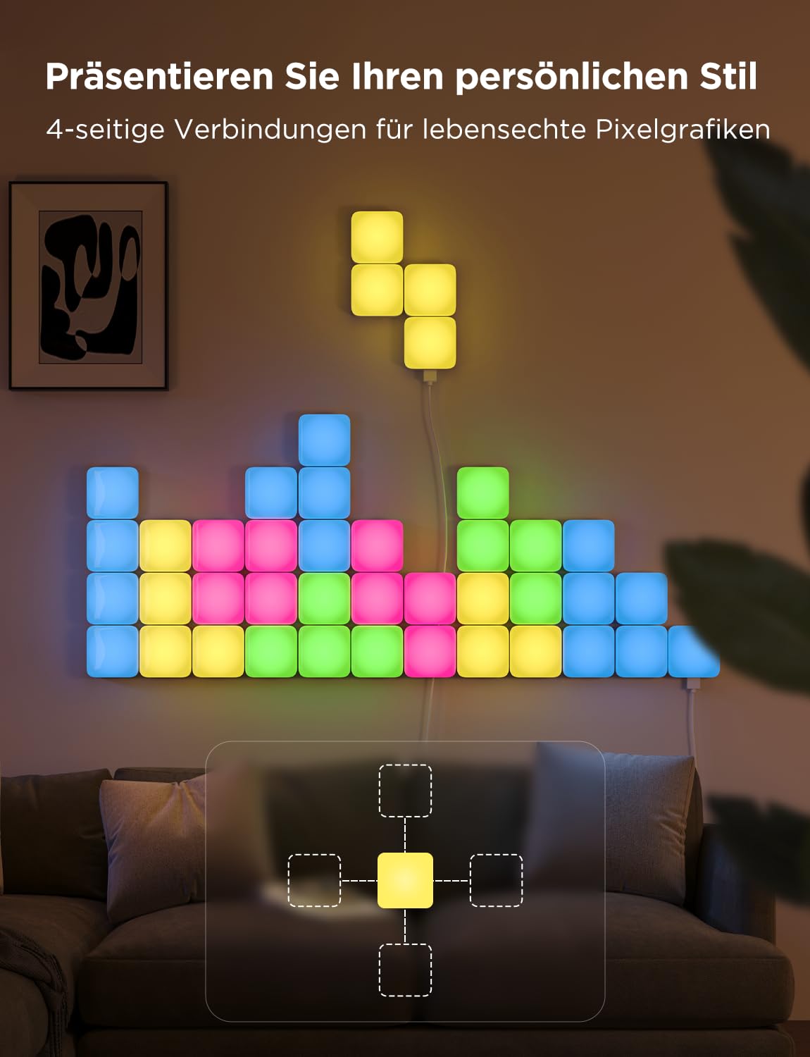 Govee Mini Panel Lights, RGBIC Wandpaneele, Musikmodi, DIY-Modus 20er-Pack | funktioniert mit Matter, Alexa, Google Assistant, 50 Szenenmodi LED-Wandpaneele für Spielzimmer, Schlafzimmer, Wohnzimmer