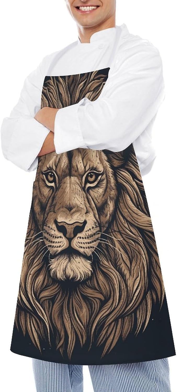 Cartoon Lion Chef Aprons with Pockets Personalized Adjustable Bib Apron for Men Women Fashion Waterproof Cooking Aprons Cute Funny Kitchen Apron for Work Home&Gift