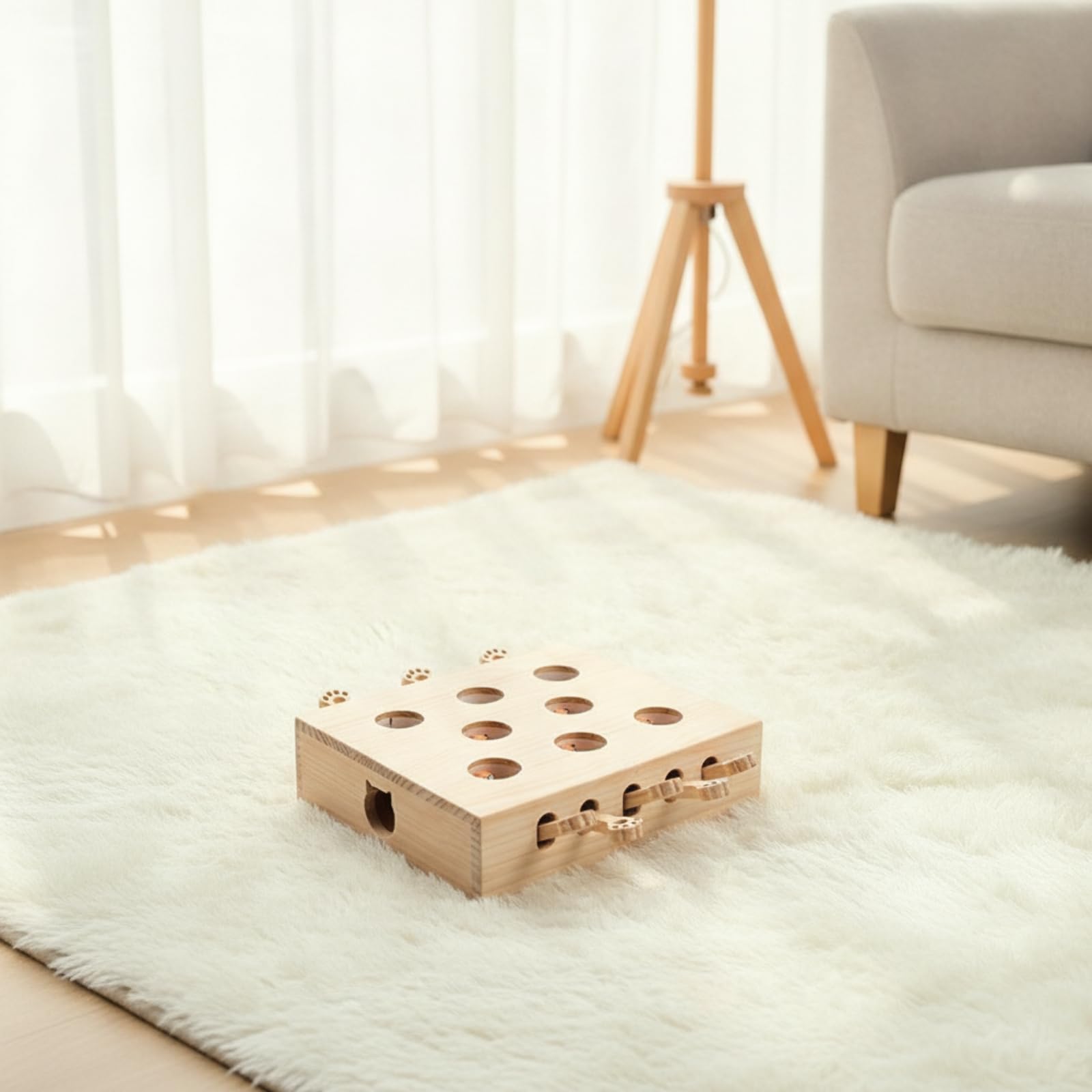 Colcolo Interaktives Katzenspielzeug Holz Katzen Aktivitätsspiel Box Spielzeug mit Spielöffnungen Oben Und Seitlichen Katzenkopf Ausschnitten Kontrollierbare, Style to 2