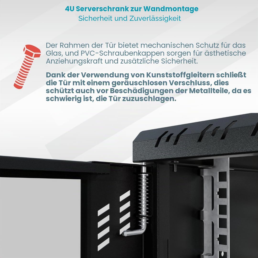 Netzwerkschrank 19 Zoll - Serverschrank 4HE - Server Rack für Wandmontage - Traglast 40kg - 350mm Tiefe - Serverschrank 19 Zoll zum Serverraum, Büro - Schwarz