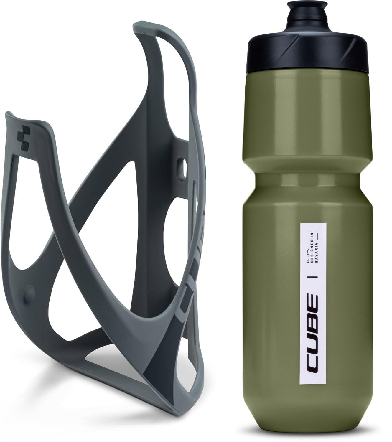 Cube HPP Cage - Matt Grey/Black & Flow Bottle - Olive, 750ml / Water Drink Flask Vessel Bidon Holder Mount Bracket Kit Lightweight Plastic Drinking Hydration Biking Bike Riding Frame Accessories — image 1