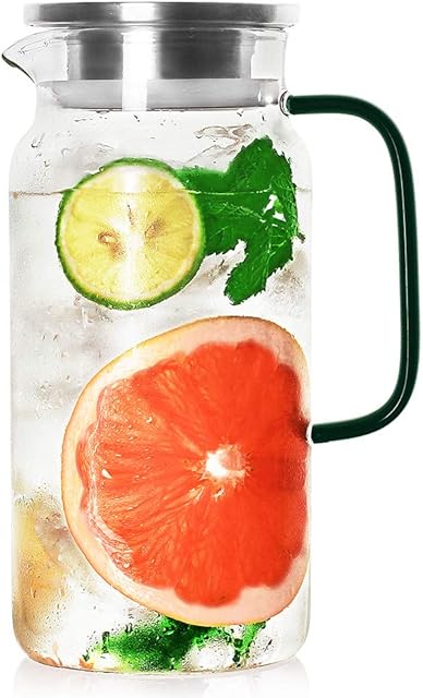 LUXU 42oz Glass Pitcher with Stainless Steel Lid,Heat Resistant Glass Carafe for Hot/Cold Water & Iced Tea,Good Beverage Pitcher with Dark Green Handle for Homemade Juice,Durable and Temperature Safe