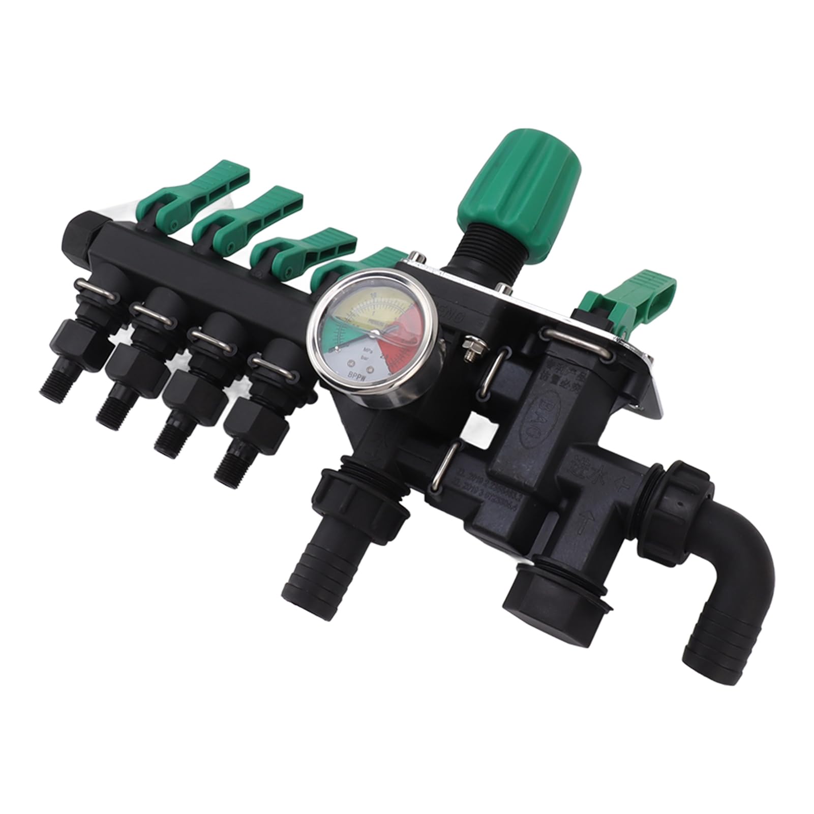 Distribuidor de manguera con 4 difusores de agua de nailon de alta calidad con manómetro, interruptores independientes para sistemas de riego agrícolas y de jardín, 1715 g