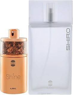 Ajmal Shine EDP Floral Powdery Perfume 75ml for Women and Shiro EDP Citrus Spicy Perfume 90ml for Men