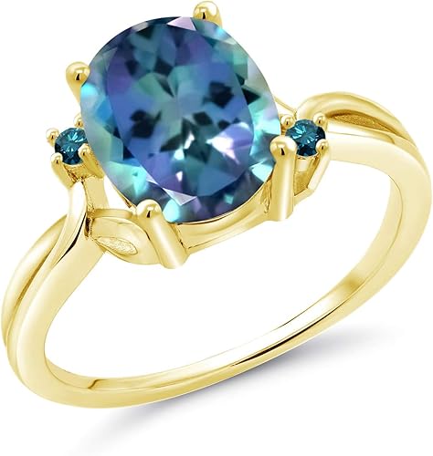 Gem Stone King Anillo de plata chapada en oro amarillo de 18 quilates, topacio místico azul milenio y diamante azul con 3 piedras para mujer (3.03