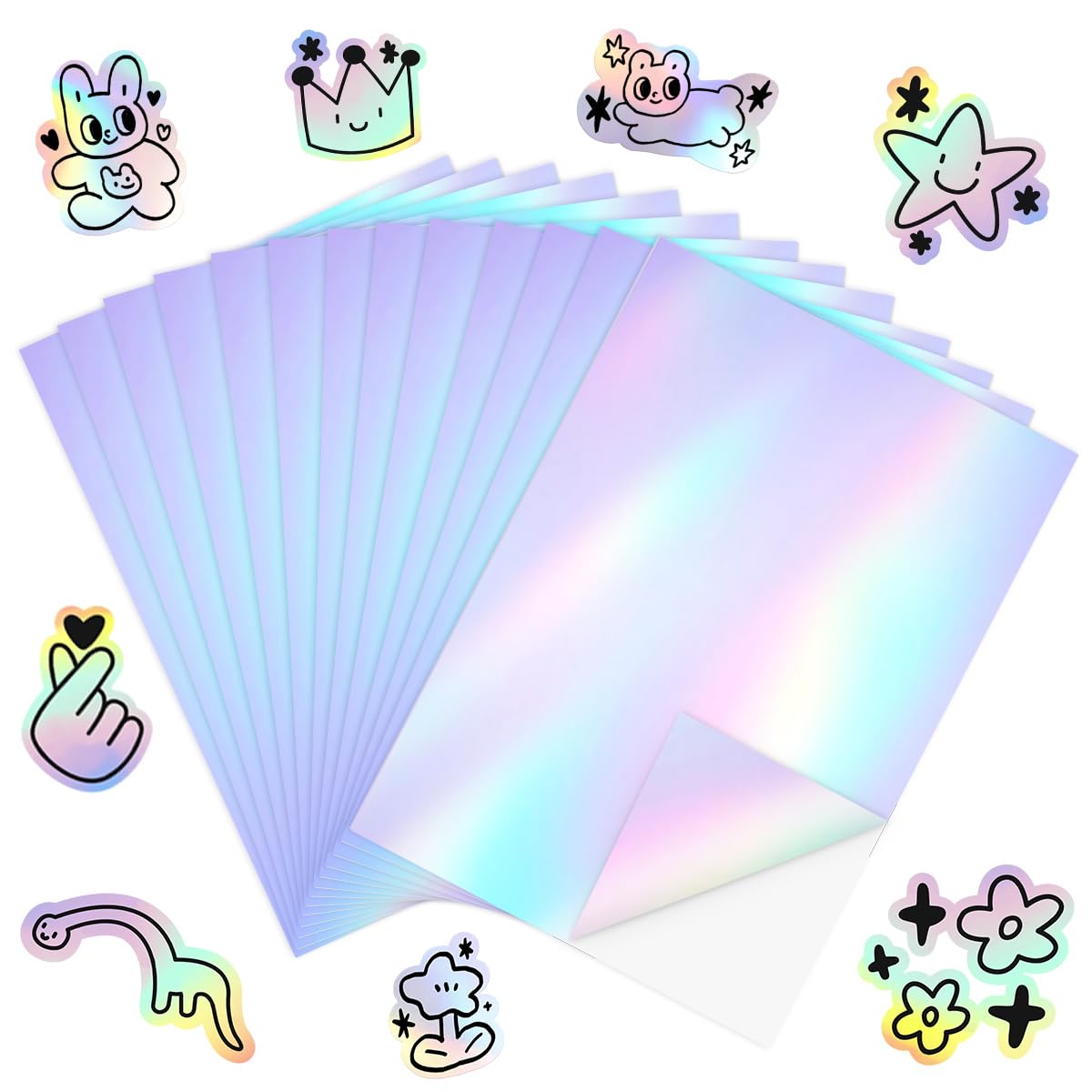 24 Sheets Holographic Vinyl Sticker Paper for Printer A4, Shiny Self Adhesive Printer Papers Printable Sparkle Sticker Paper Waterproof Sticky Label for Inkjet and Laser Printer