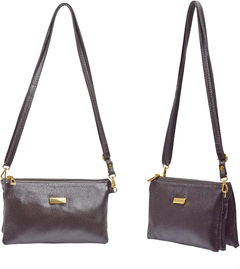 Bolsa Feminina Pequena Transversal em Couro Legítimo Crossbody Alça Comprida Regulável 5 Compartimentos Madamix