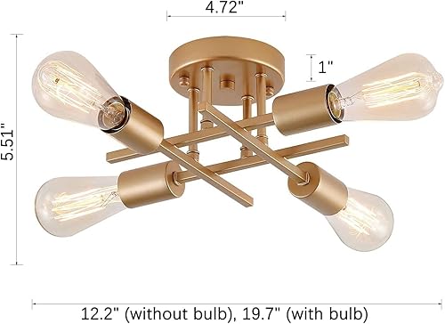 Miniatura 4 de Lámpara de techo semiempotrada de 4 luces, lámparas doradas de mediados de siglo para pasillo, entrada, dormitorio, cocina, comedor, porche,