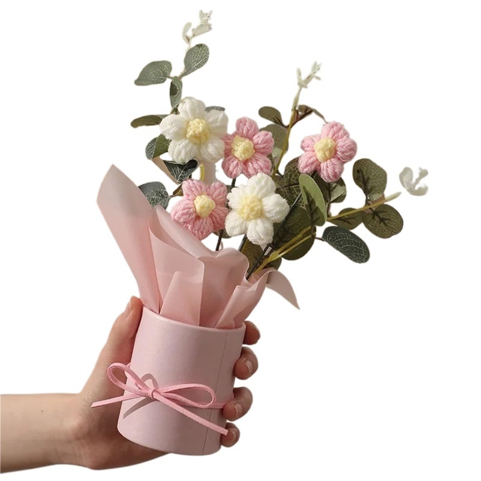 PawUniscript Exquisite Handmade Crocheted Bucket Bouquet Of Daisies - Perfect For Mother's Day, Valentine's Day, Birthdays, And Weddings(Pink)