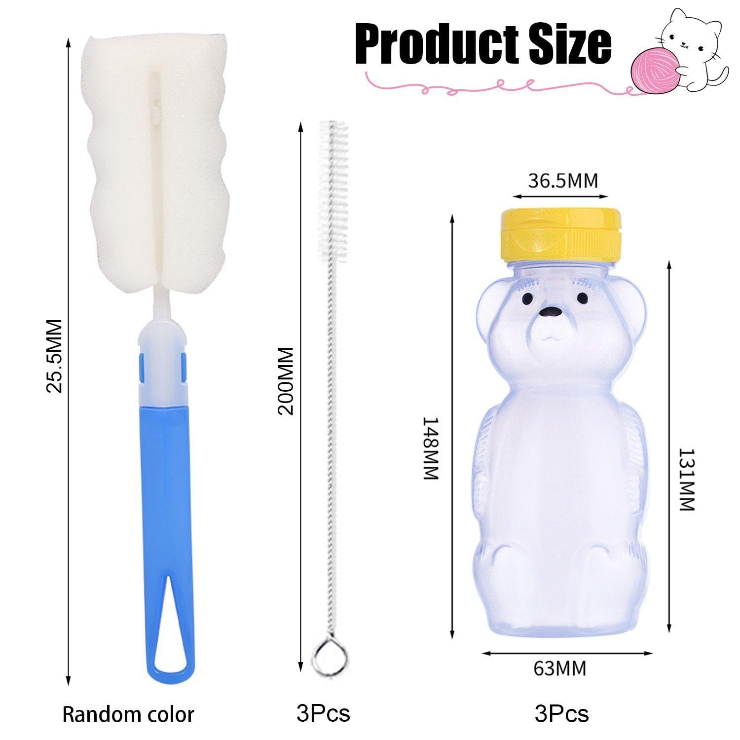 3 Pièces De Bouteilles En Paille D'Ours, 1 Brosse À Éponge, 3 Brosses À Paille, Design Mignon, Adapté Aux Enfants, 230 Ml, Jaune, Bleu, Orange