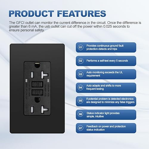 Miniatura 4 de Micmi Salida GFCI, receptáculo GFI resistente a manipulaciones con indicador LED, interruptor de circuito de falla de tierra de prueba automática de