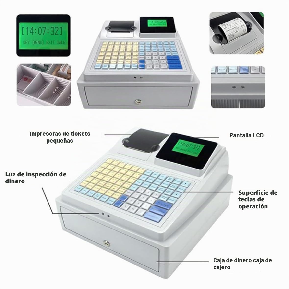 Caja Registradora Electrónica - Caja Registradora Digital Led De 81 Teclas con Cajón, Ideal para Comercio Minorista Y Restaurante - Caja Registradora Comercial