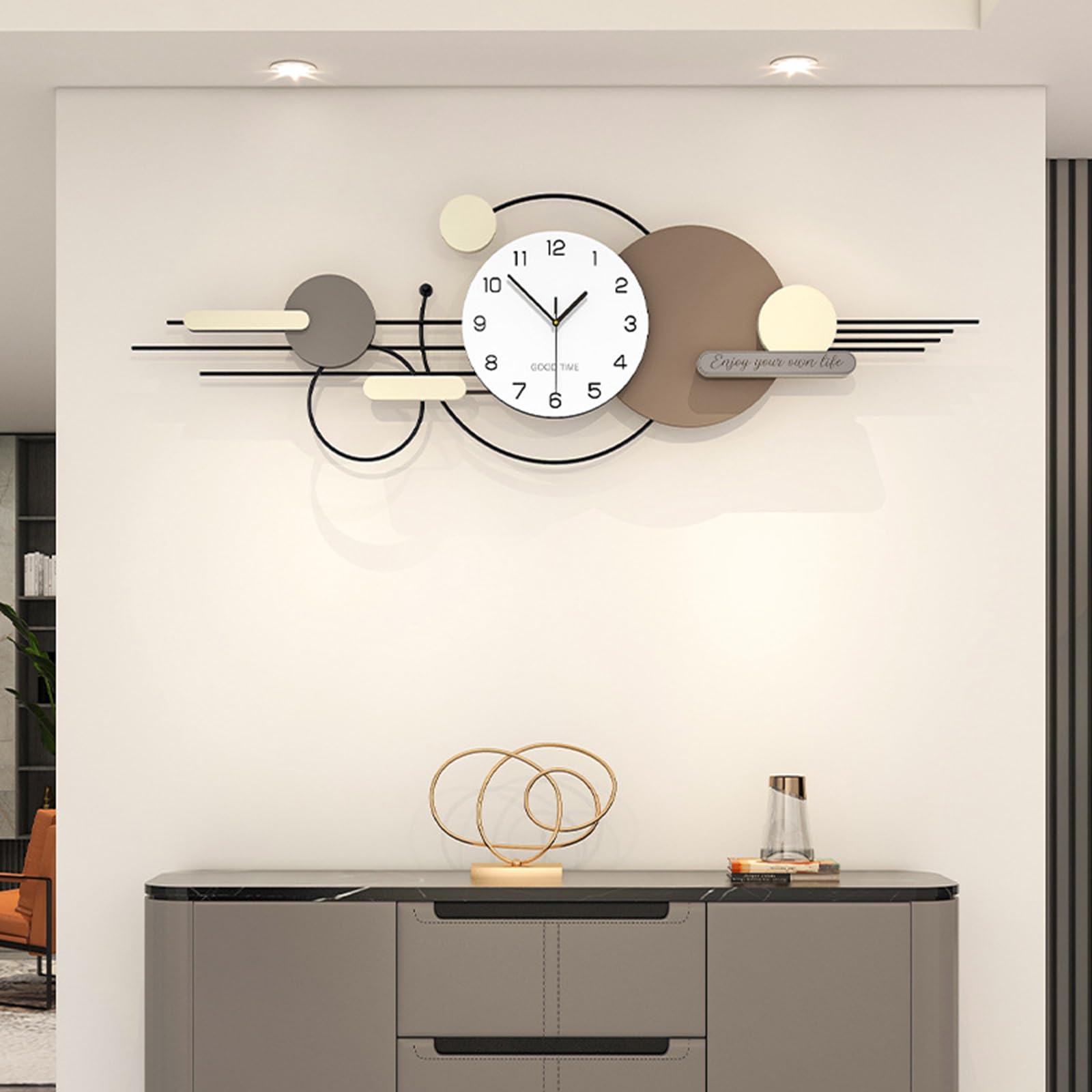 Modern Große Wanduhr Minimalistisch Kreativer Luxus Dekorative Wanduhren Leise ohne tickgeräusche Metallrahmen+Holz Zifferblatt Quarzuhr für Wohnzimmer Schlafzimmer Büro Küche, 120 * 38 cm
