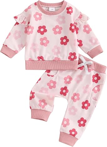 Toddler Girl Fall Outfits Cute Print Ruffle Long Sleeve Sweatshirt with Pants 2Pcs Set Baby Girl Clothes