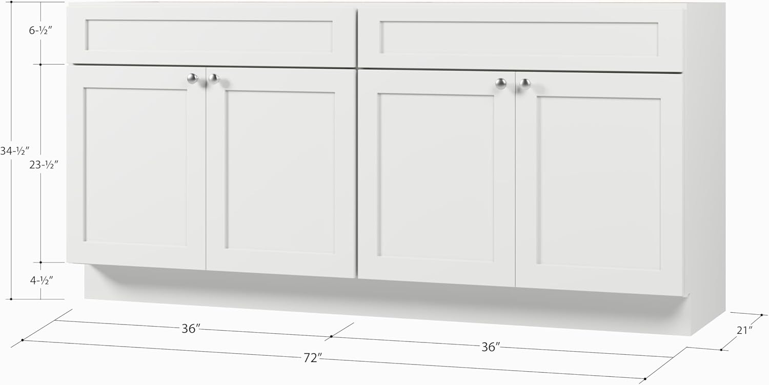 DSR 72 Inch Double Bathroom Vanity Base Only Cabinet Without Top White Shaker Style Solid Wood Plywood MDF 72"x22"x34.5"
