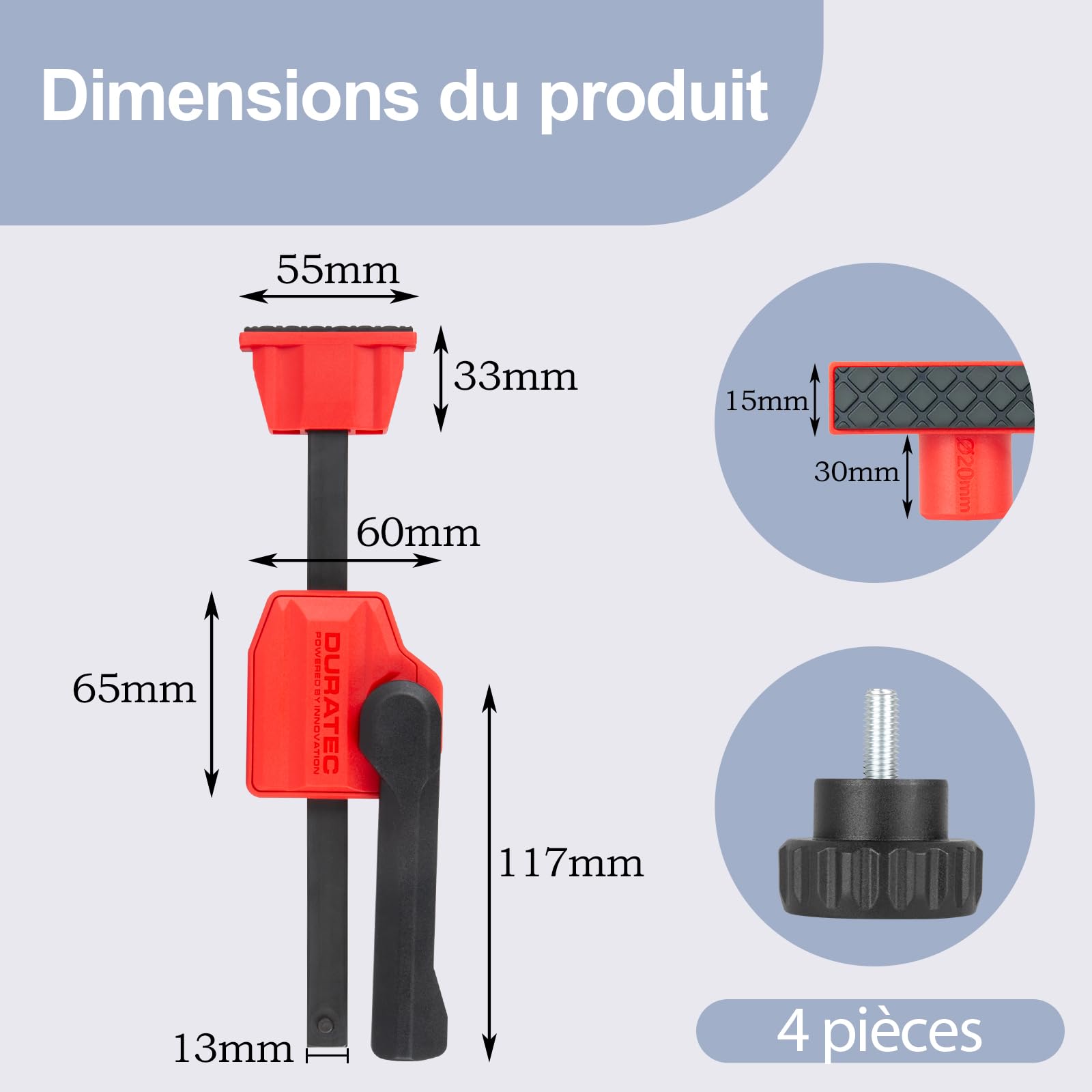 Lot de 2 pinces de serrage pour établi de table, serre-joint à serrage rapide pour établi de travail du bois, pour sculpture sur bois, fraisage, meulage, 20 mm de diamètre