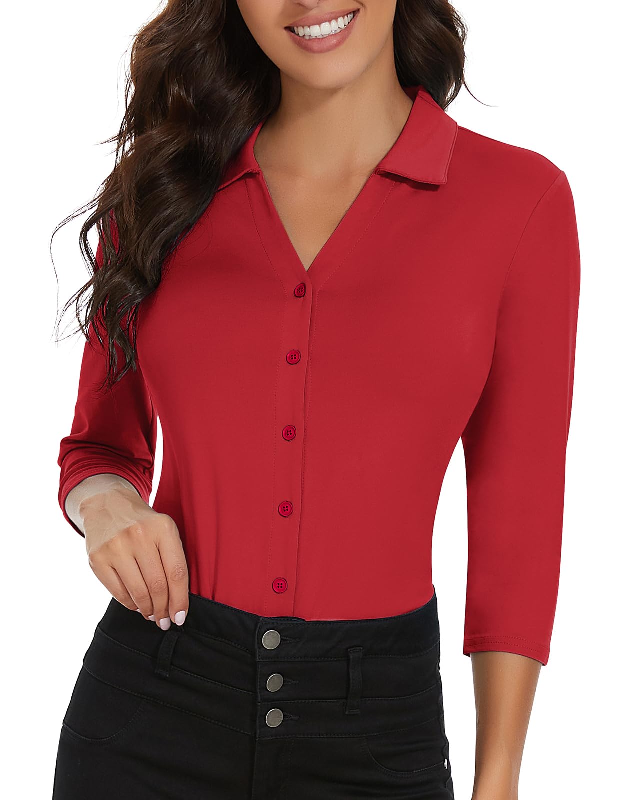 Soneven Womens Golf Polo Shirts 3/4 Long Sleeve V Neck Button Down Shirts Business Causal Work Blouses Tops