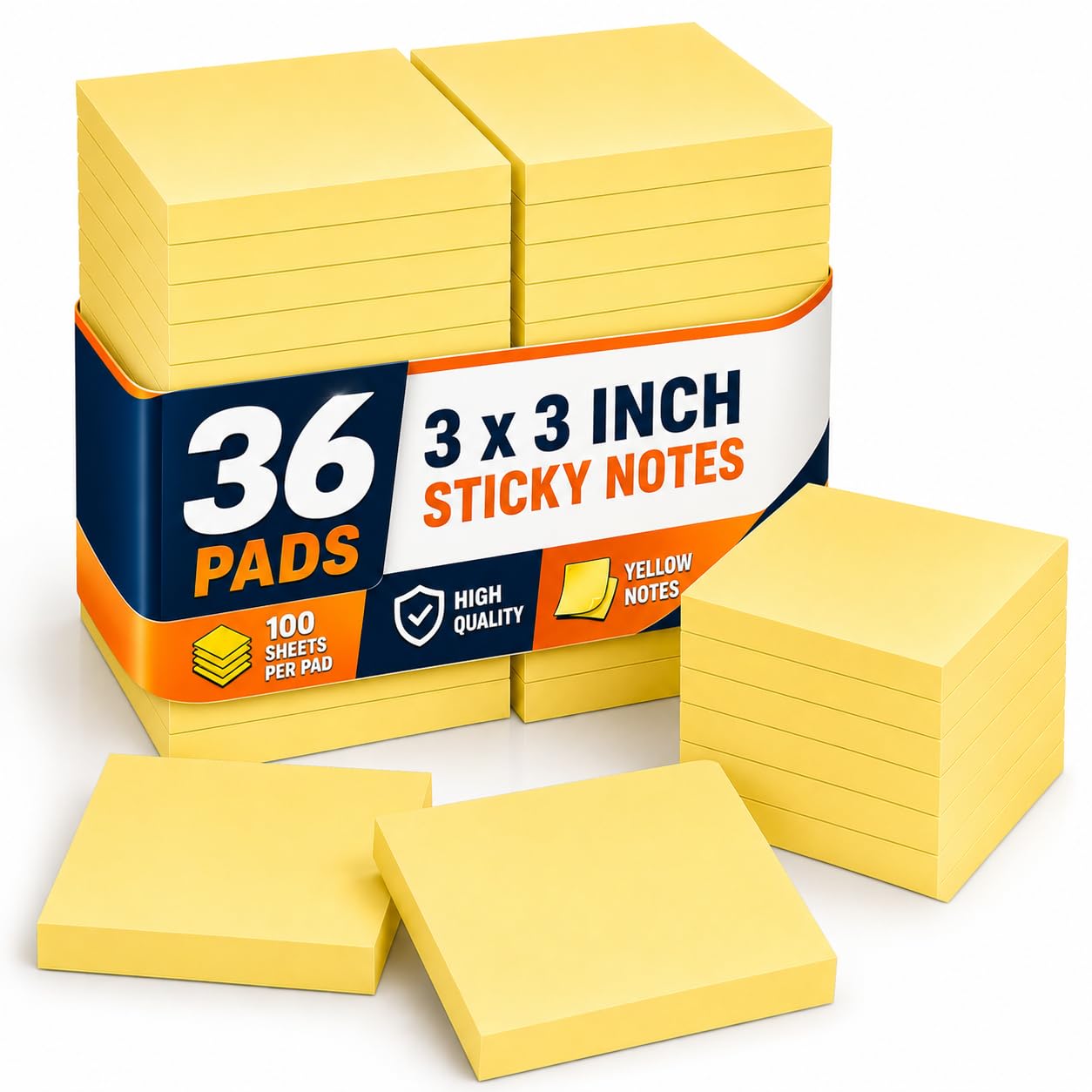1InTheOffice Lot de 100 feuilles de notes autocollantes Jaune 7,6 x 7,6 cm 36 Pack