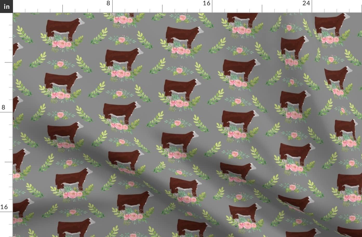 Spoonflower Fabric - Showstock Roses Hereford Steers Smaller Steer Cattle Cow Livestock Printed on Organic Cotton Sateen Fabric by The Yard - Sewing Quilting Apparel Home Decor