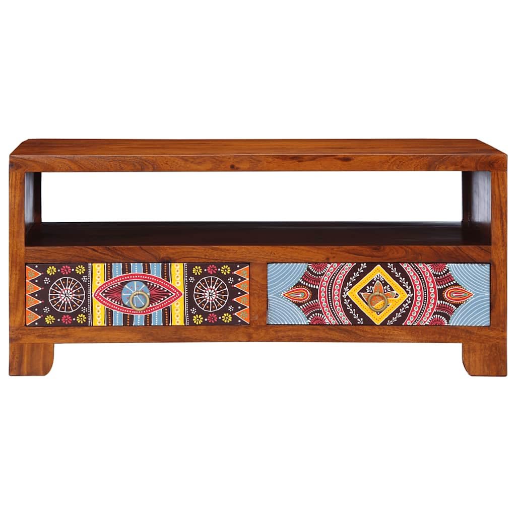 Tavolino da Salotto in Legno Massello di Acacia con Finitura Ambra 90x50x40 cm, Mobiletto con Ripiano Portaoggetti e Cassetto, Design Moderno Salvaspazio per Soggiorno, Camera e Ufficio