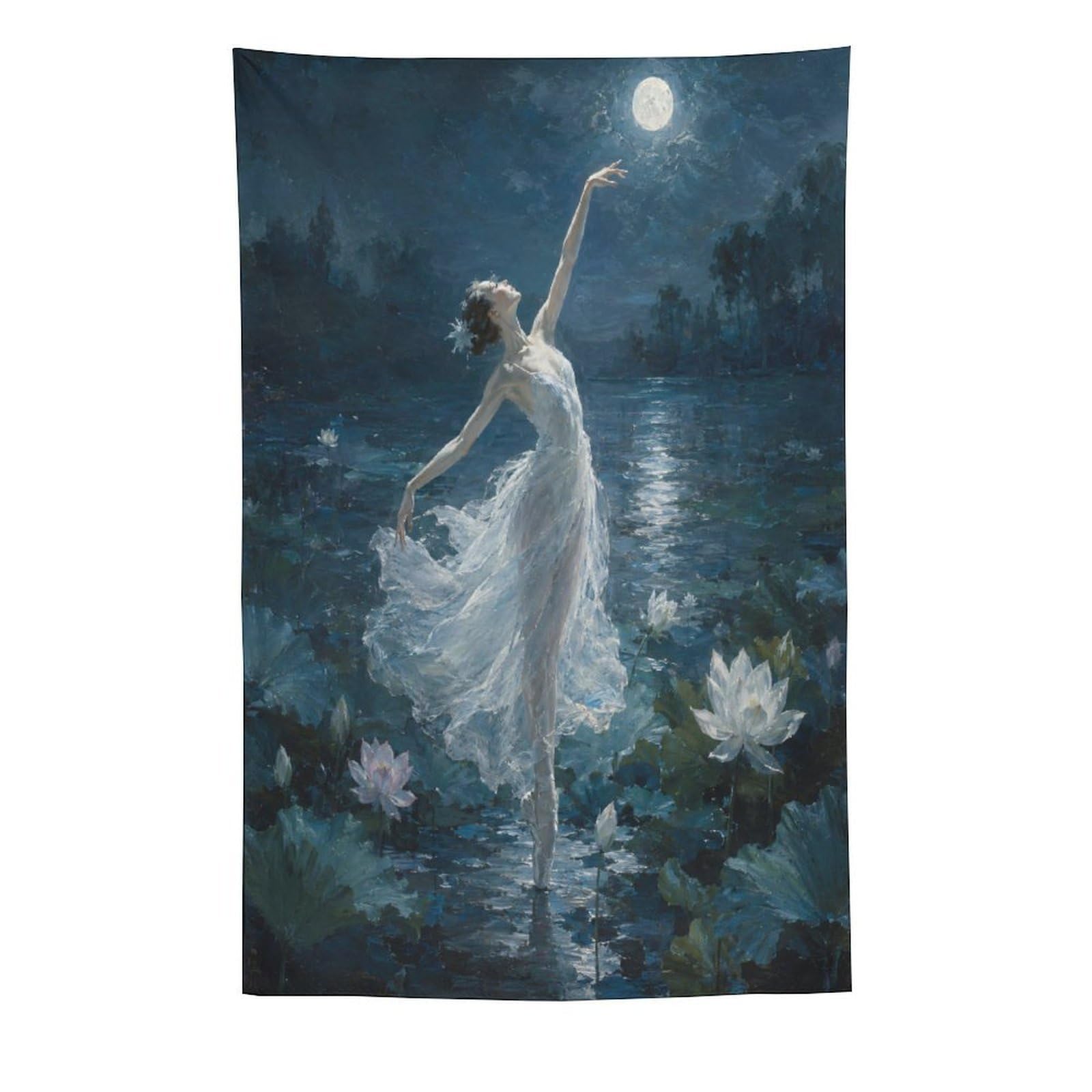 W7C8U2X3 Ballerina Lotus Moon Wall Tapestry, Impressionist Style