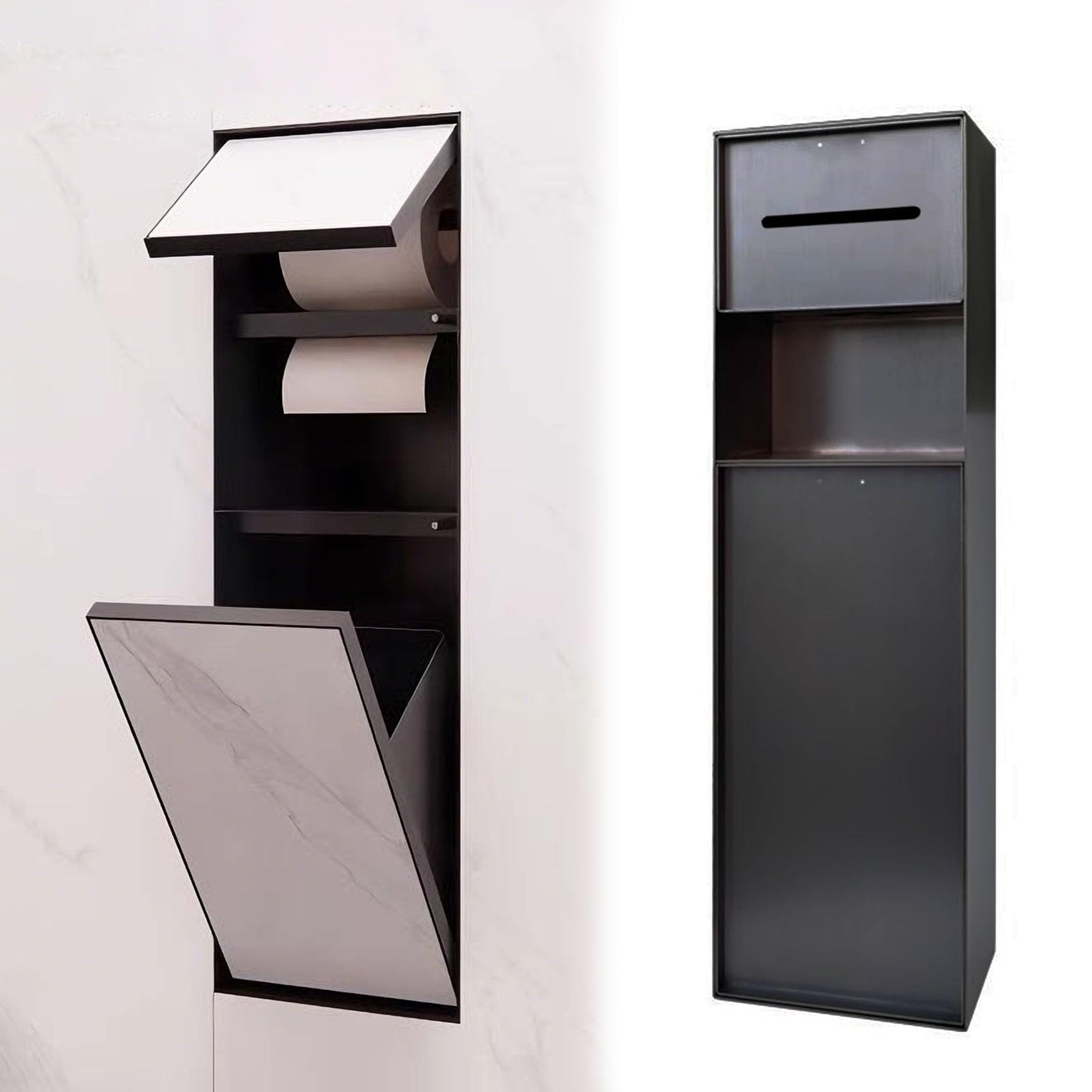 Vibeo Portarrollos Empotrable Portarrollos de Papel Higiénico Empotrado con Cubo de Basura, Dispensador de Nicho para Inodoro Alicatable, Porta Rollos de Papel Higiénico Oculto