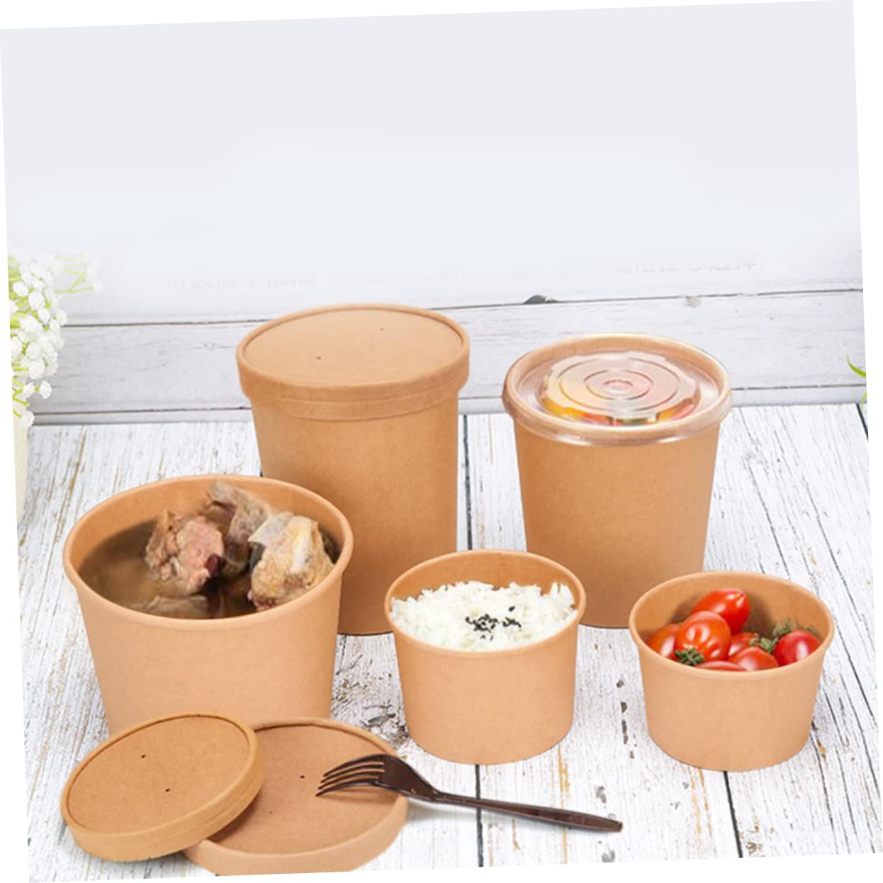 Healvian 50pezzi Bicchieri Di Carta Kraft Per Zuppa Da Anti-olio Con Coperchi in Pp Per Da Asporto e Dessert Surgelati