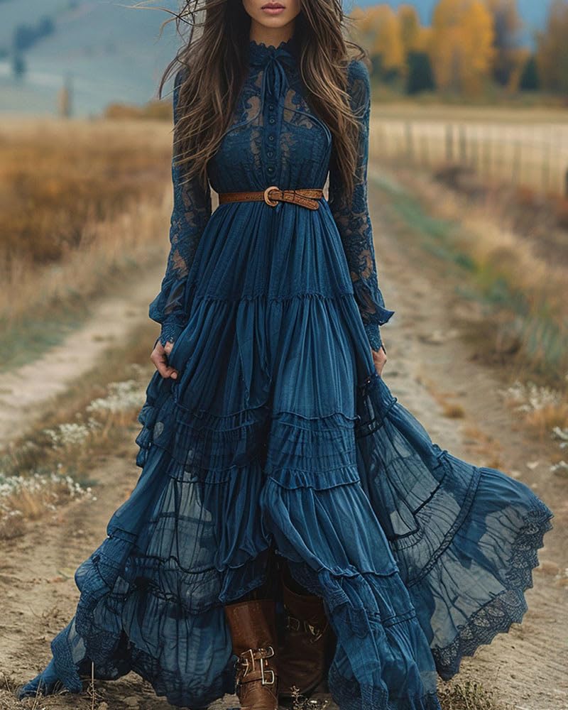 Damen Lange Boho Vintage rustikalen Stil V-Ausschnitt Maxi Kleid mit Blumenmuster lässige Frühjahr Sommer Lange Ärmel Western Country Kleider