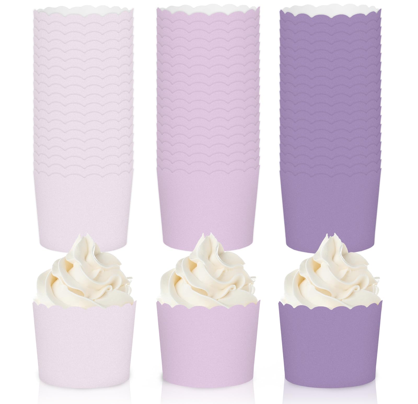 Whaline 120Pcs Purple Paper Baking Cups Scalloped Edge Cupcake Wrappers Gradient Purple Cupcake Muffin Cases for Wedding Birthday Baby Shower, 3