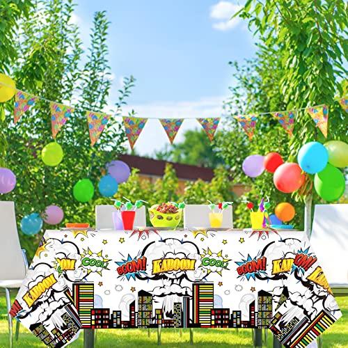 Image of Tevxj 3 Pieces Super Theme Hero Tablecloths Hero Themed Birthday Party Supplies Heroes Action Sign Plastic Table Cover Fun Super Tablecover for Happy Birthday Baby Shower Party Decorations