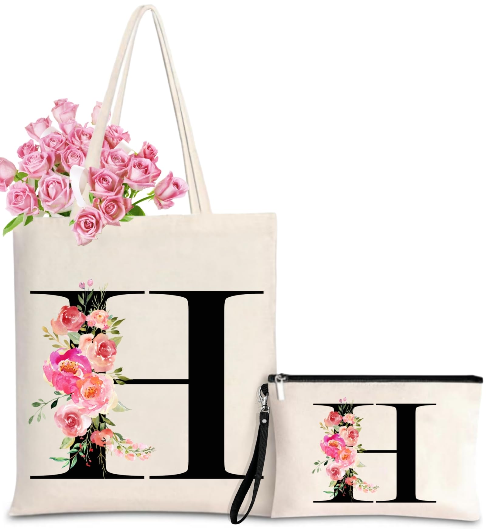 Initial Canvas Tote Bag for Women, Personalized Monogrammed Tote Bags with Makeup Gift Bag for Wedding Bridesmaids Birthday