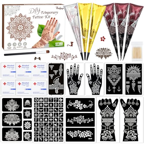 Temporary Tattoo Stencil Kit 10 Sheets, 6 Pcs Tattoo Cones 3 Color (Black/Brown/Cherry Red) with Brush/cotton swabsTool, India Art Skin Painting Designs for Women Men Kids DIY Gifts