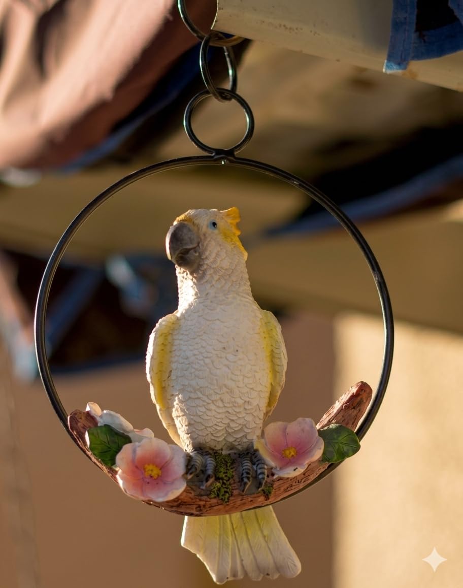 Mappa Weatherproof Resin Hanging White Parrot with Ring for Home Décor | Lifelike Bird Figurine Showpiece for Garden Tree Branch, Balcony Railing, Living Room Wall & Ceiling Decoration (Single)-image-23