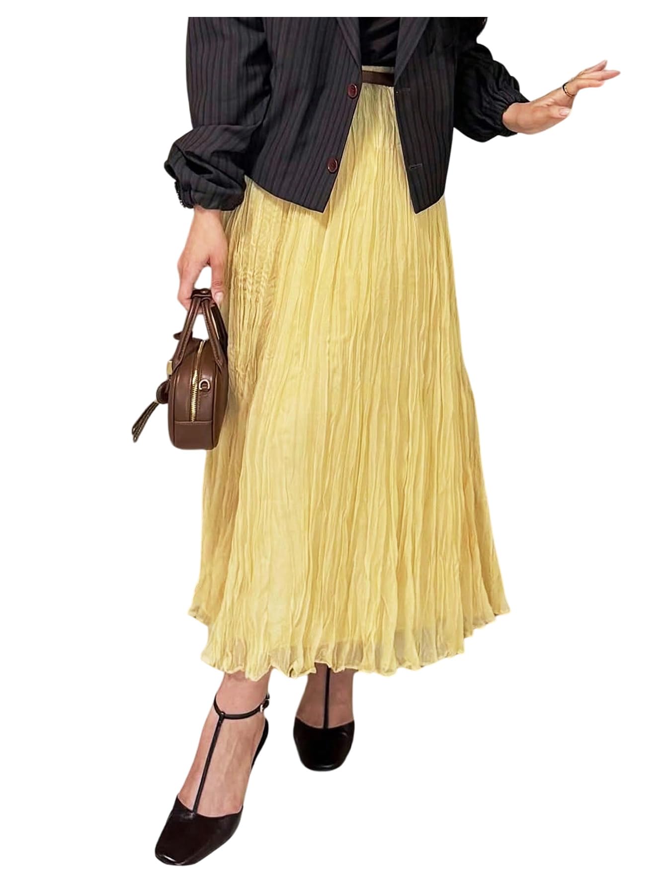 SHENHE Womens Chiffon Tulle Pleated Maxi Skirt High Waisted A Line Ruffle Hem Skirts