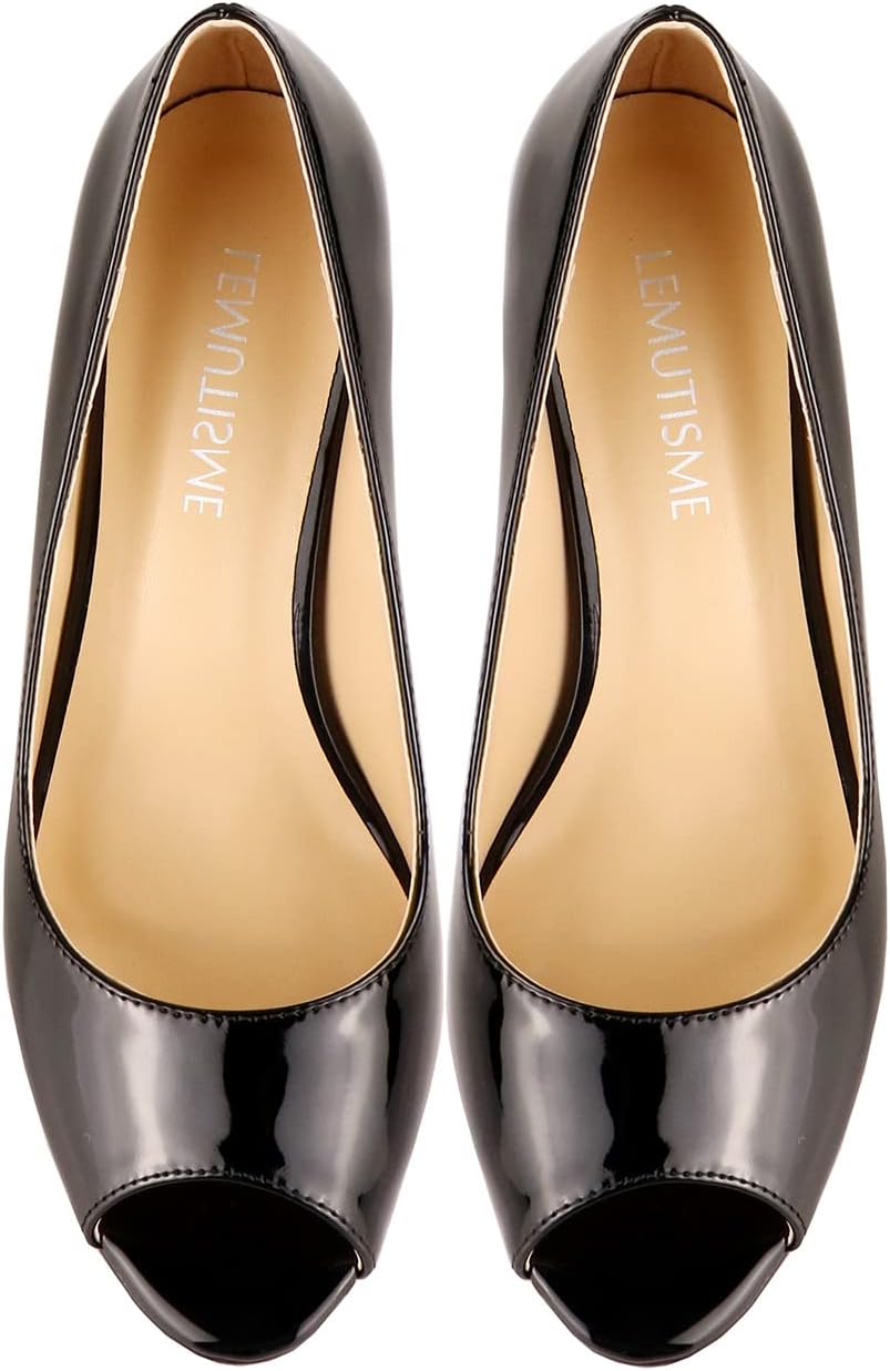 LEMUTISME Women's Patent Leather Sexy Slip On Peep Toe High Heel Dress Pumps Chic Glossy Open Toe Stiletto Heel Platform Sandals - Image 7