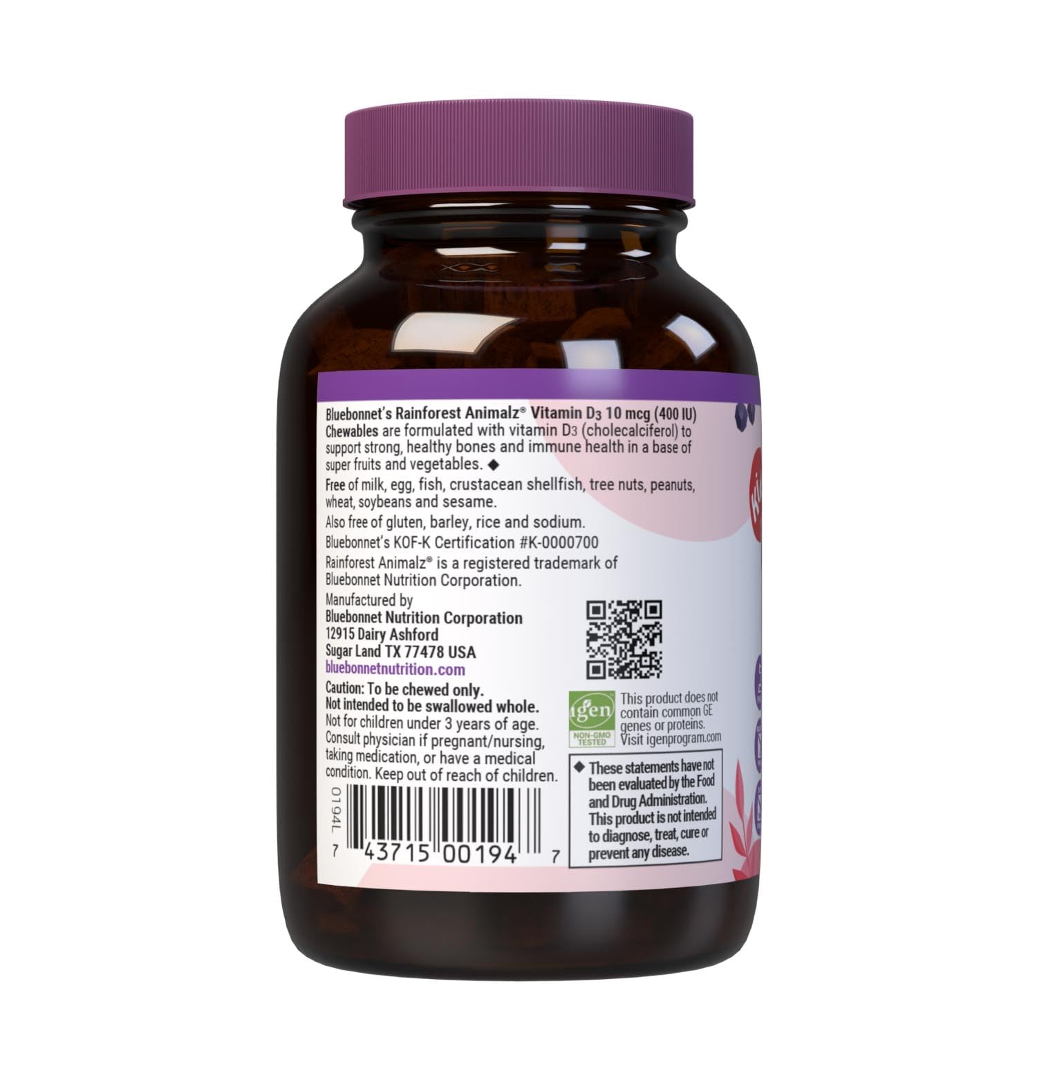 Bluebonnet Nutrition Rainforest Animalz Vitamin D3 400 IU Chewable Tablet, Soy, Dairy & Gluten-Free, Non-GMO, Kosher Certified, Vegetarian Friendly, Natural Mixed Berry Flavor, 90 Count — Amazon image 9