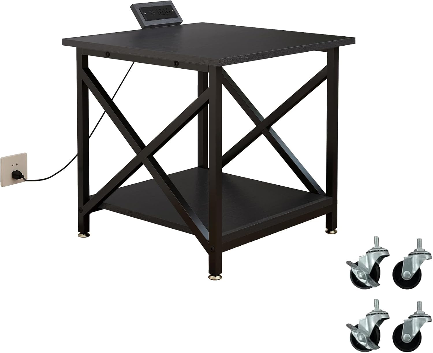 Large Printer Stand with Power Outlet, with Storage Shelf, 2 Tier Rolling Printer Cart with Industrial Wheels, 23.6 x 23.6 Inches Printer Table for Home Office,Black