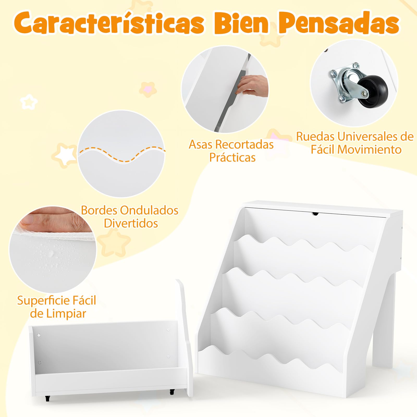 COSTWAY Librería Infantil de 4 Niveles, Organizador de Juguetes con Estantes Abiertos, Cajón Rodante Extraíble, Caja con Tapa Abatible, Estantería Madera para Niños Sala de Juegos Guardería (Blanco)