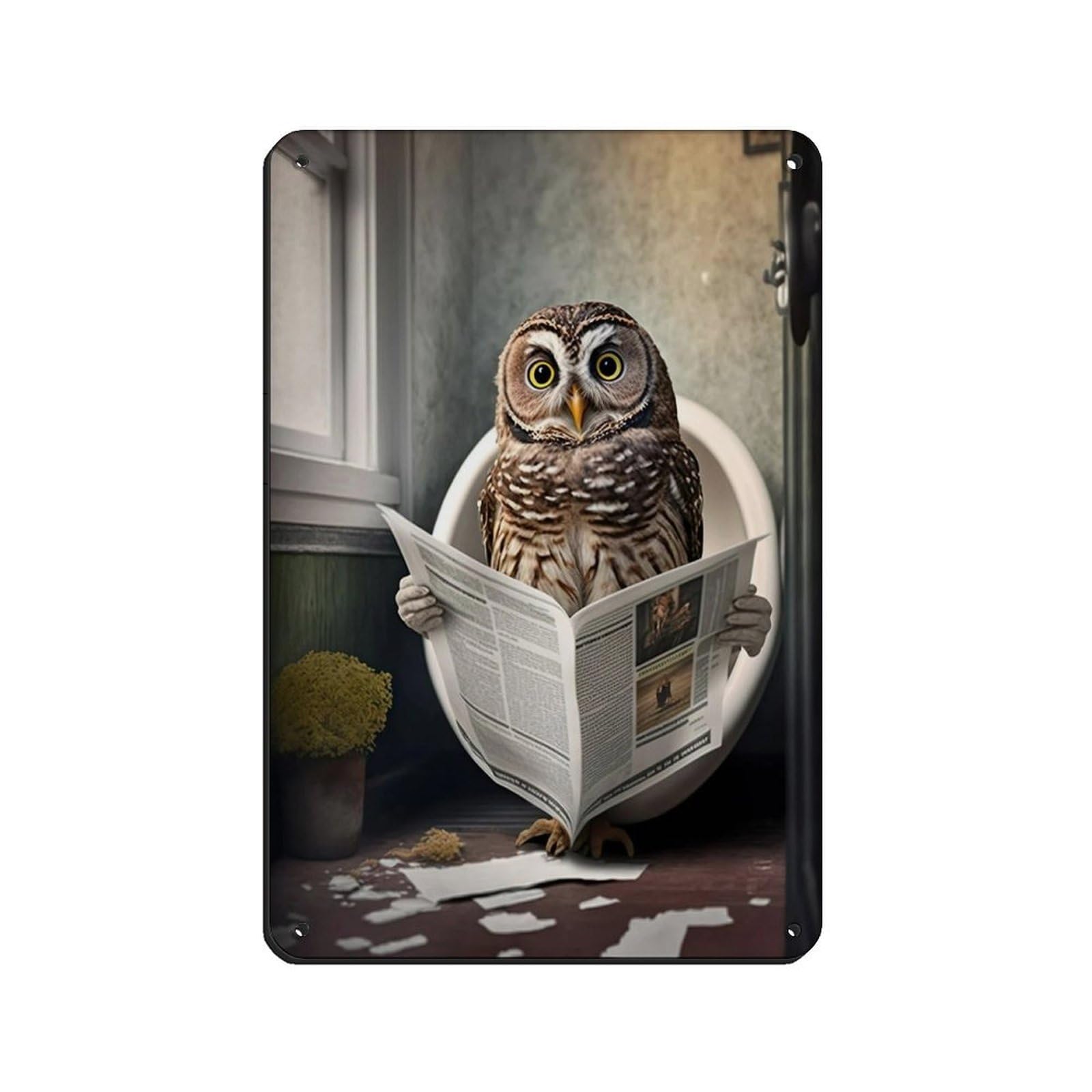 Owl Sitting on The Toilet Reading A Newspaper Retro Poster Metal Tin Sign Chic Art Retro Iron Painting Bar People Cave Cafe Family Garage Poster Wall Decoration 8x12inch(20x30cm)